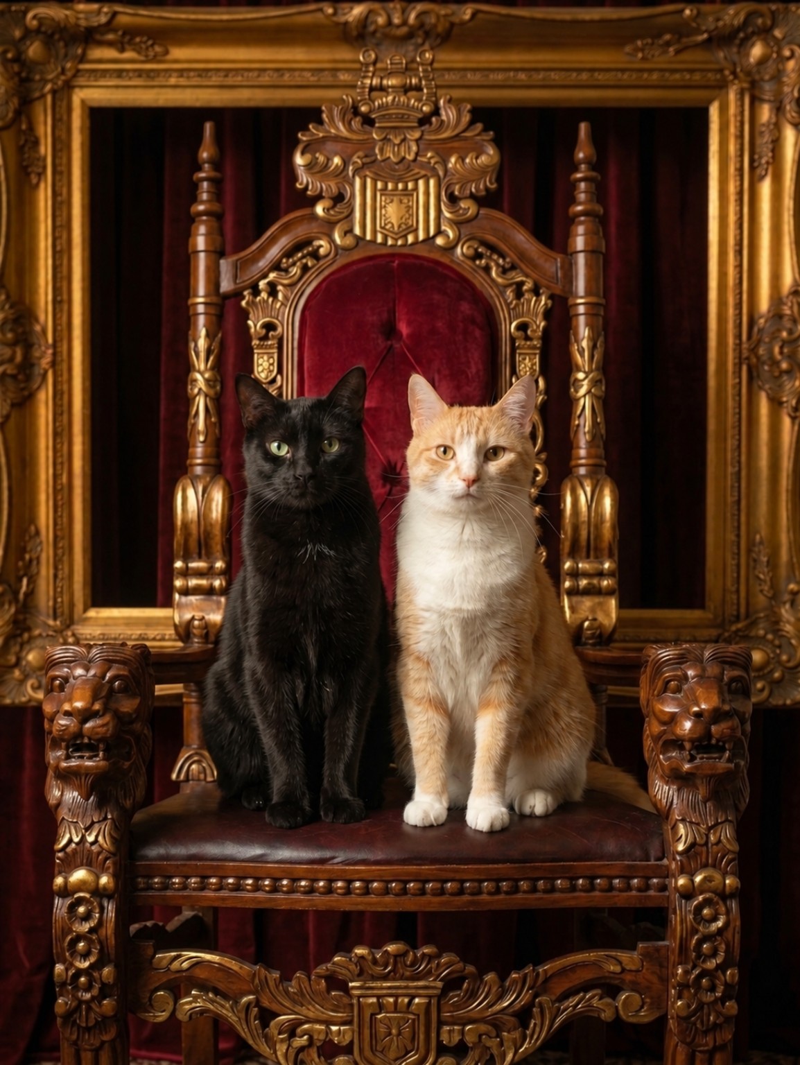 Onyx and Nala seated together on an ornate royal throne