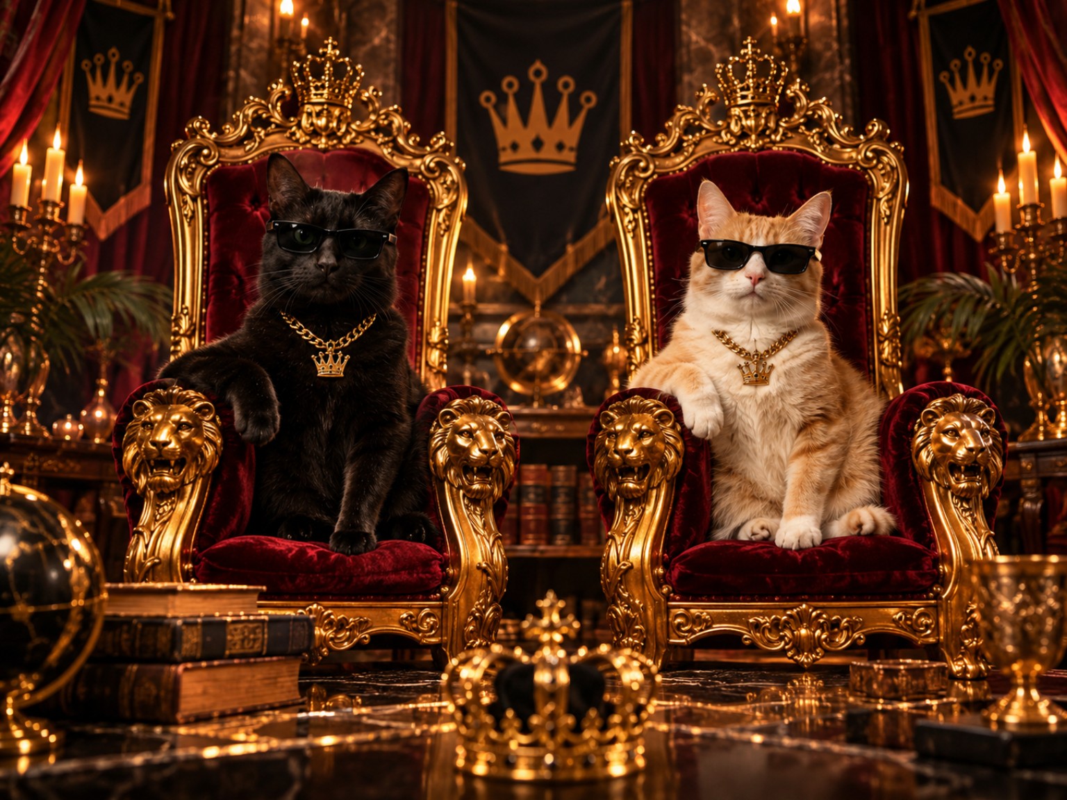 Onyx and Nala wearing sunglasses and gold chains on separate royal thrones